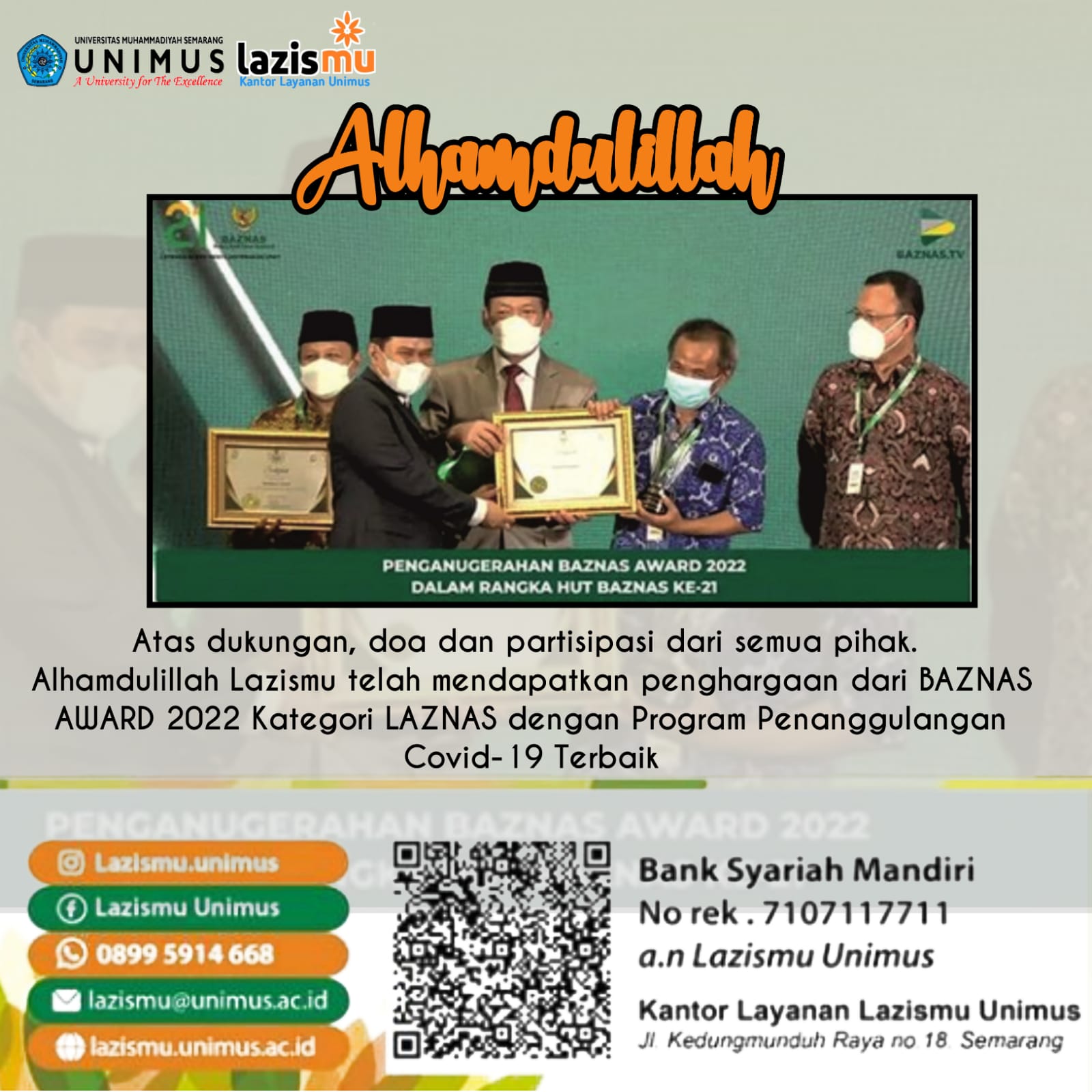 Alhamamdulillah, Lazismu Mendapatkan Penghargaan Sebagai LAZNAS Dengan Program Penanggulangan Covid-19 Terbaik Dari BAZNAS RI PUSAT.